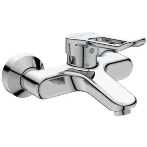 Ideale Standard-Wandarmatur mit verchromter Oberfläche und Bügelgriff. Für die Montage an der Wand konzipiert, ermöglicht eine präzise Regelung des Wasserflusses.